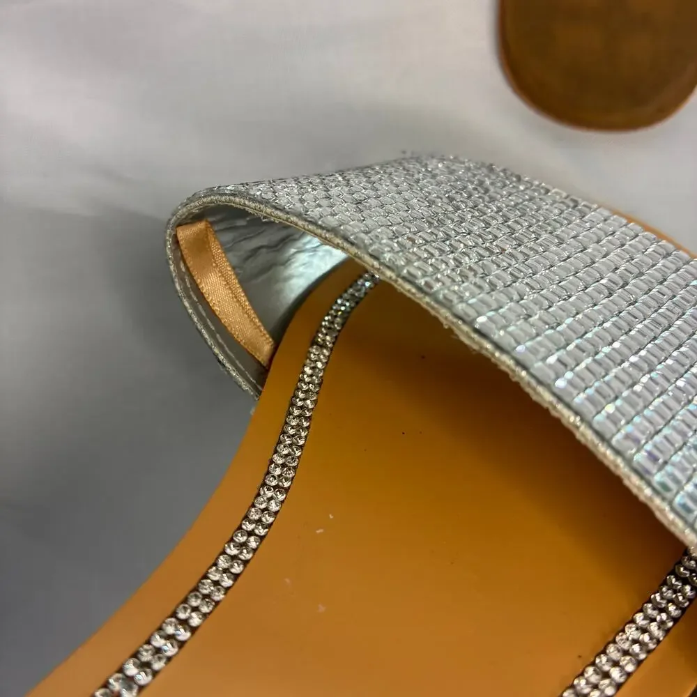 Andiamo Sparkle Atabitha Slides Flat Sandal Shoes Women US 9W Silver Rhinestone